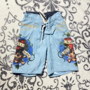 VTG 00s/Y2K Ed Hardy Kids Swim Trunks Blue Skull Print Elastic Waist Size 6